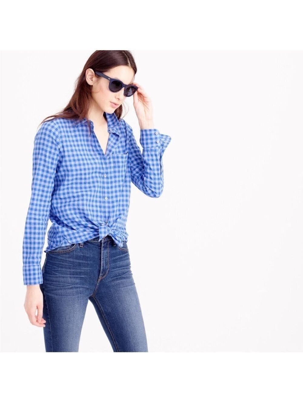 J. Crew Crinkle Gingham Boy Shirt Blue Plaid Long Sleeve Button Up, size 00